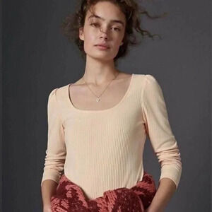 Anthropologie - Ribbed Long Sleeve Scoop Neck Top COLOR Peach - SIZE X-SMALL